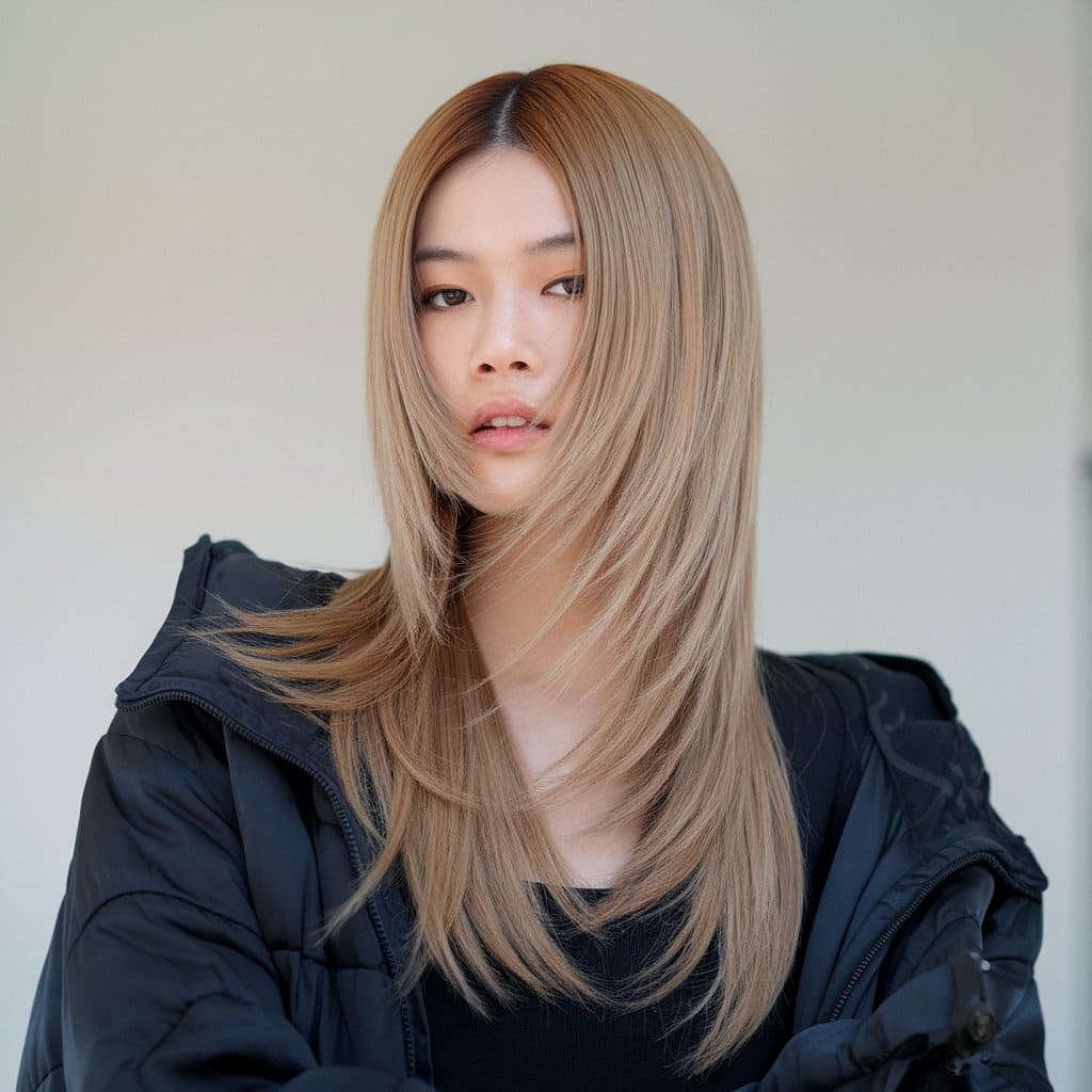 Layered Hair with a Deep Middle Part