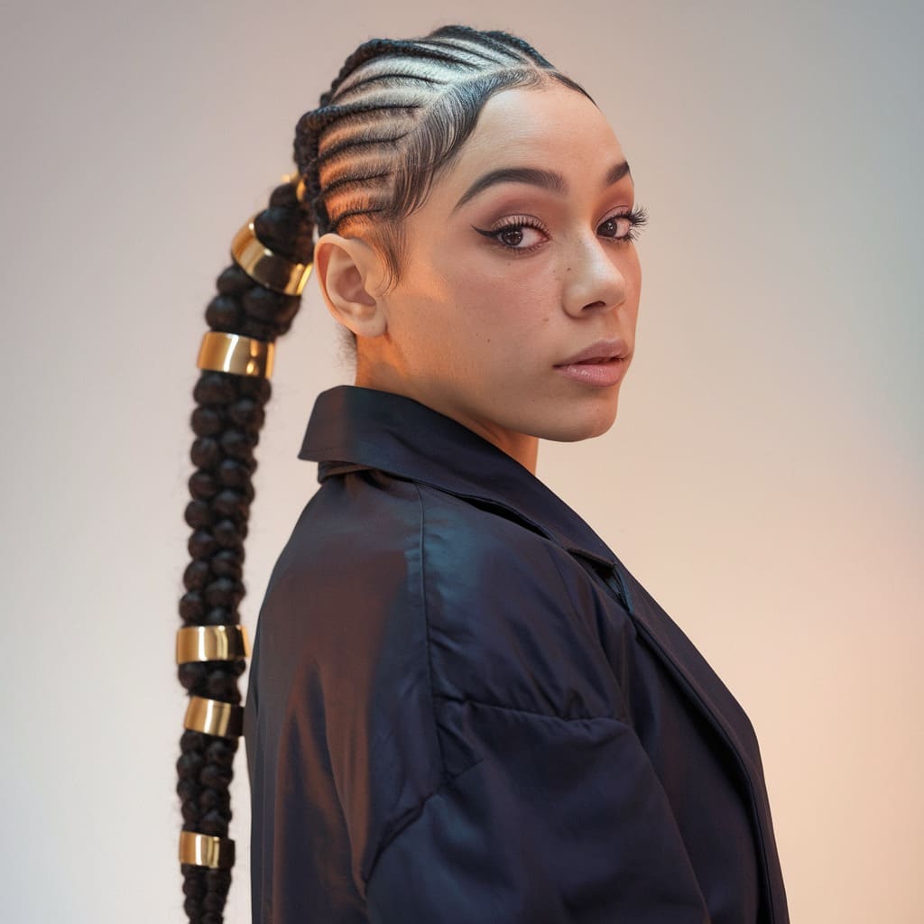 Cornrow Ponytail with Gold Cuffs